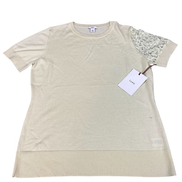 Lewit Sweater Womens Sz 1 Beige Merino Wool Lace Short Sleeve Crew Neck Pullover - Picture 10 of 11
